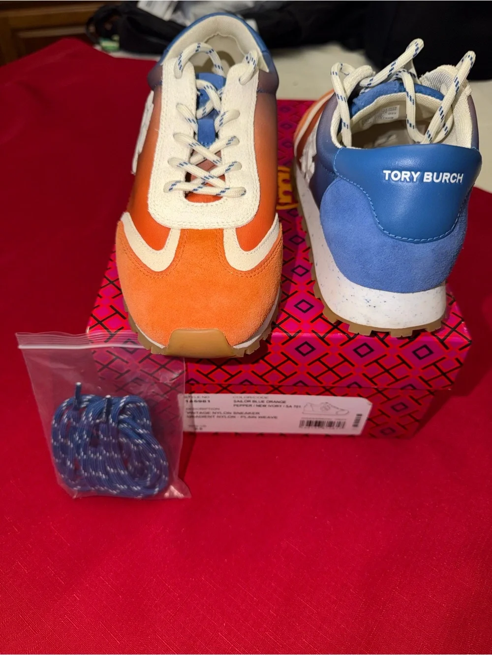 Tory Burch Orange, White & Blue Suede Lace-Up Sneakers